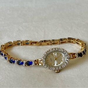 14K Gold Plated Faux Blue Sapphire Women's Bracelet Watch, 7 1/2”